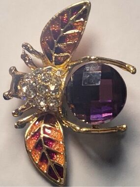 Gold Bee Brooch with Purple Gem and Orange Enamel Wings